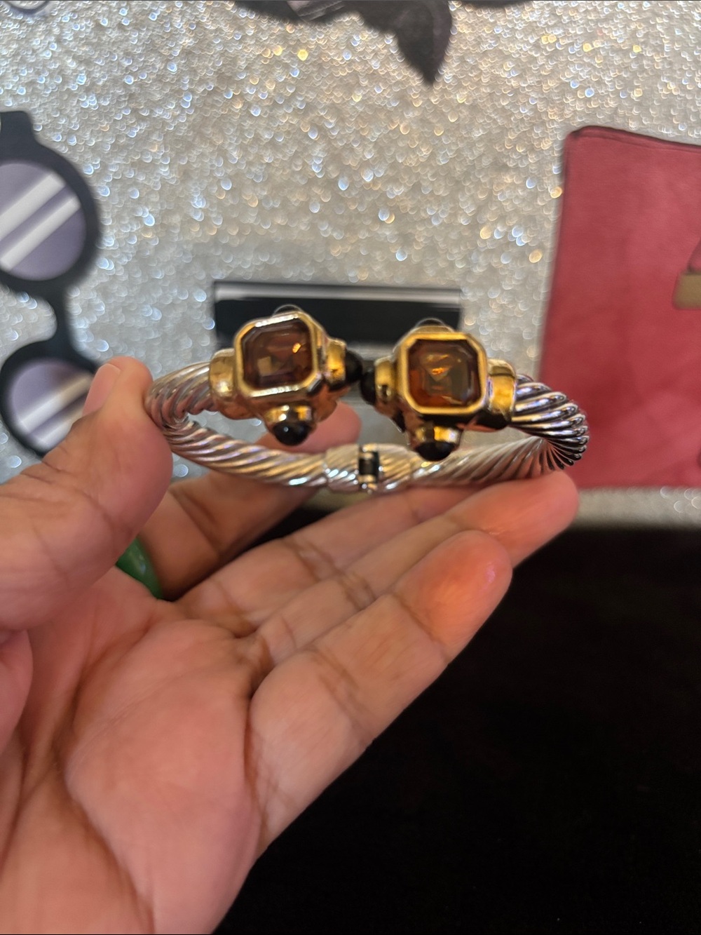 Vintage Two-Tone Twisted Cable Cuff Bracelet with Amber Gems